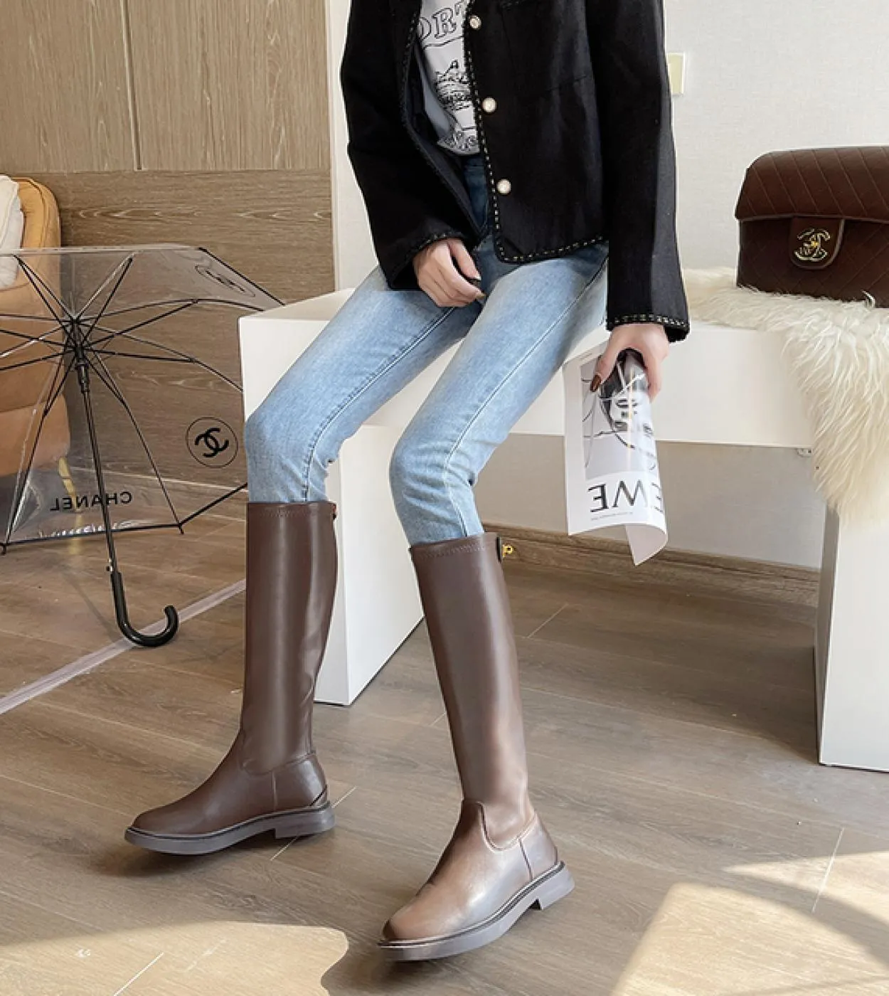2022 Stivali alti al ginocchio con plateau Slip On Calzature con tacco largo Donna Tacchi alti spessi Scarpe in pelle Pu Moda Pr