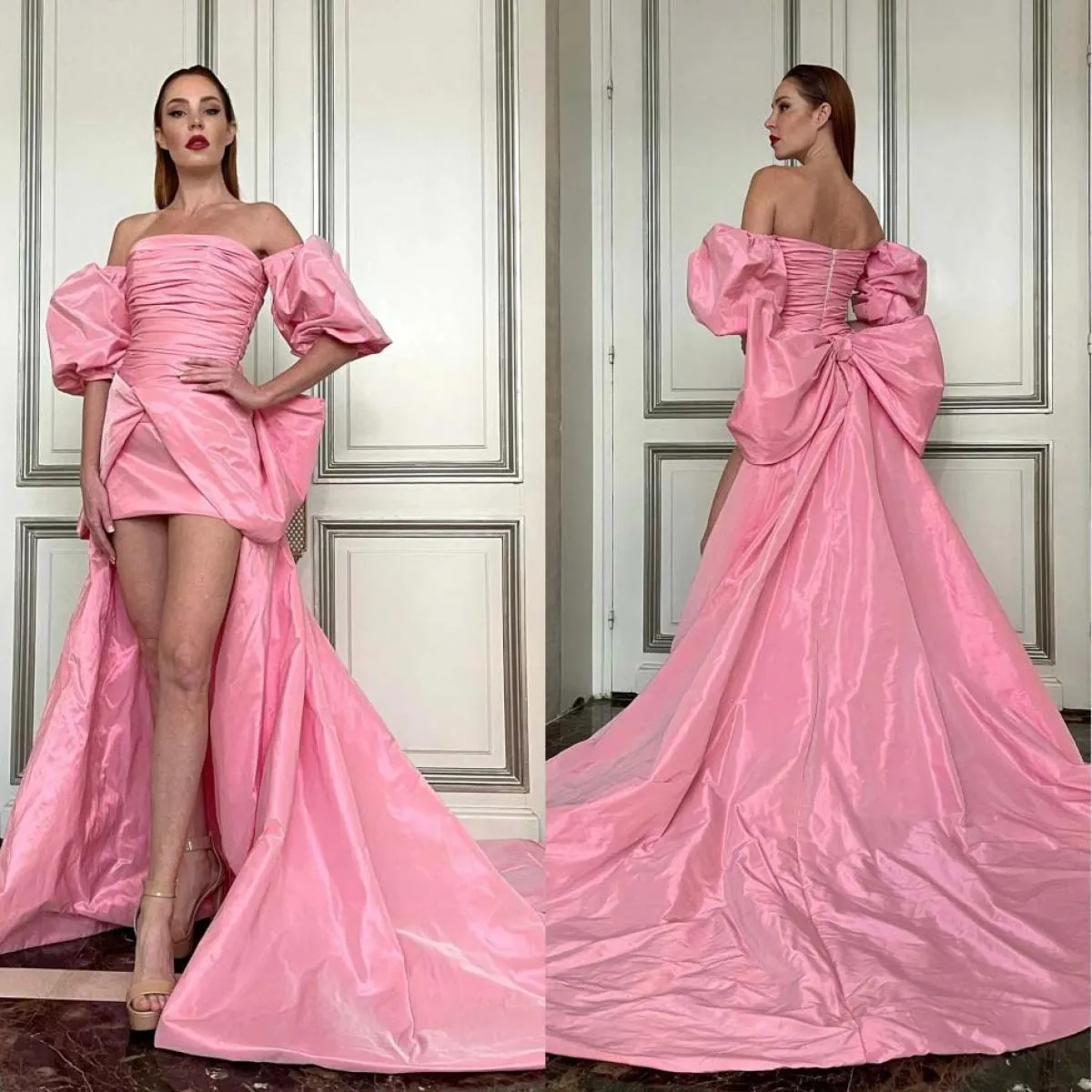Abiti da ballo alti e bassi in taffettà plissettato rosa chic con strascico staccabile Dettagli con fiocco grande senza spalline