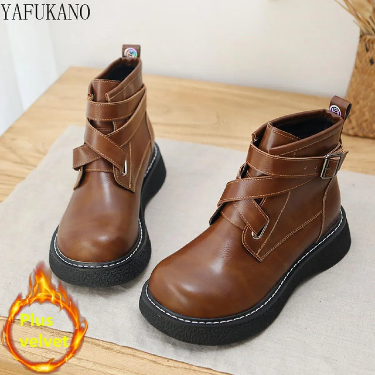Autunno Inverno Caldo Stivali da Donna con Testa Grande con Suola Spessa Fibbia per Cintura Retro Stivali in Pelle Stile Britann