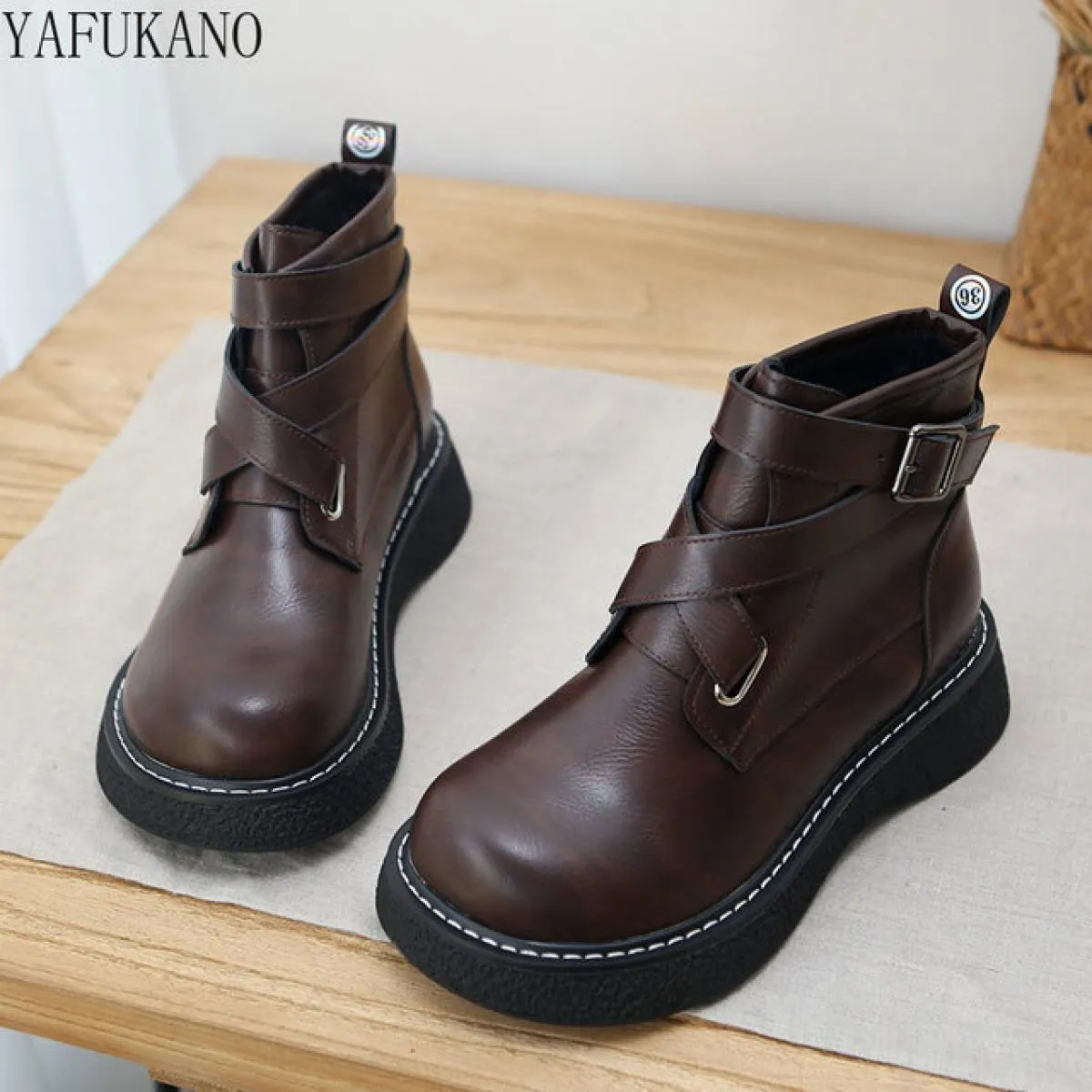 Autunno Inverno Caldo Stivali da Donna con Testa Grande con Suola Spessa Fibbia per Cintura Retro Stivali in Pelle Stile Britann