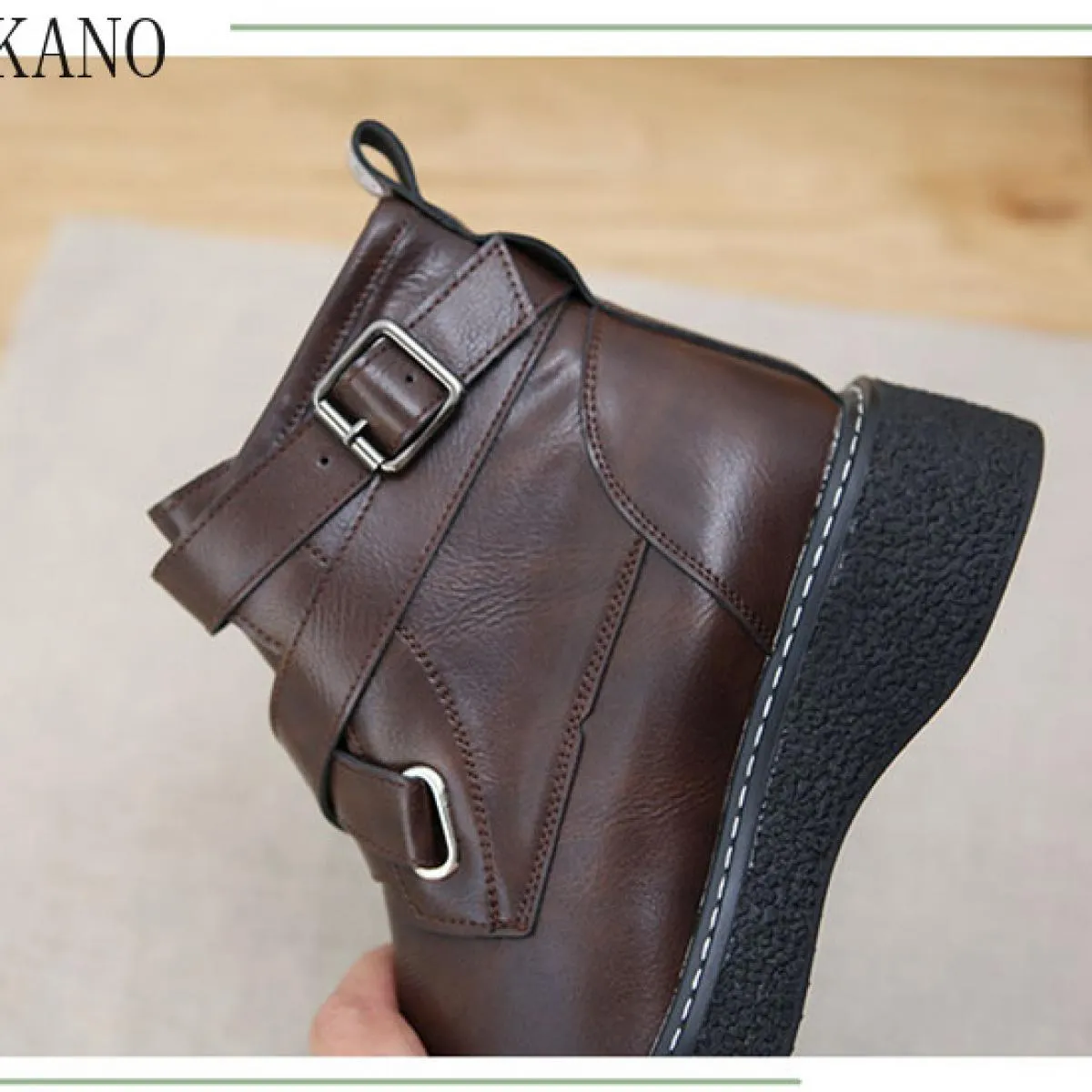 Autunno Inverno Caldo Stivali da Donna con Testa Grande con Suola Spessa Fibbia per Cintura Retro Stivali in Pelle Stile Britann