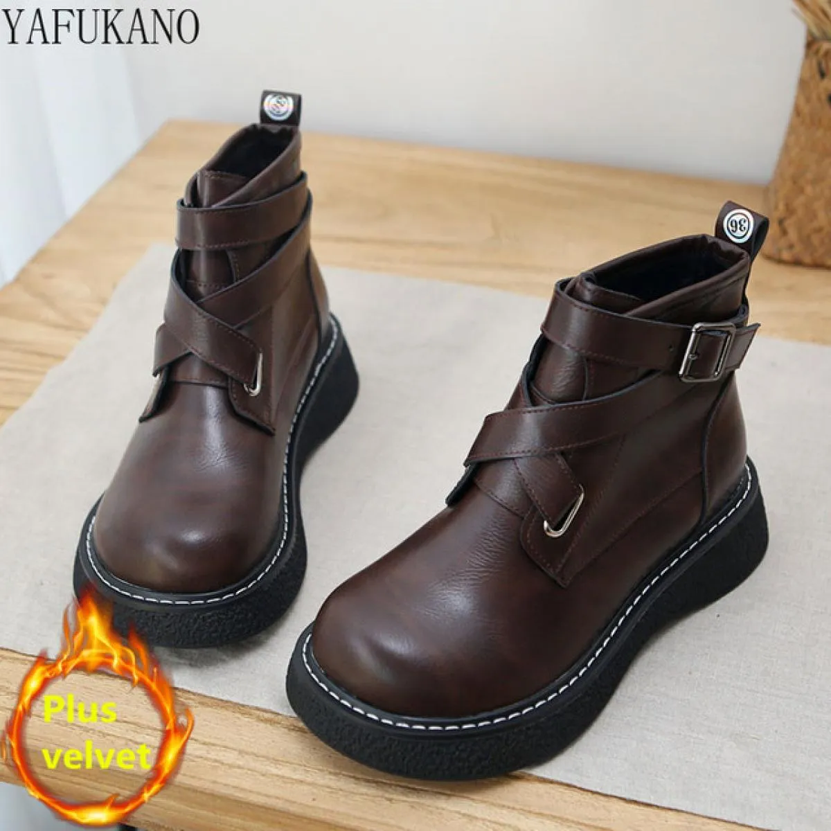 Autunno Inverno Caldo Stivali da Donna con Testa Grande con Suola Spessa Fibbia per Cintura Retro Stivali in Pelle Stile Britann