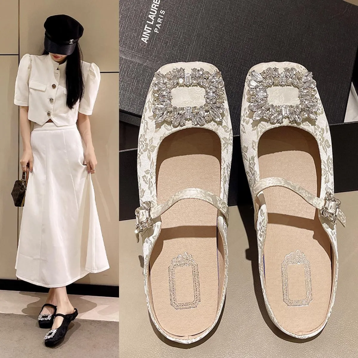 Ballerine di lusso con fibbia quadrata in cristallo Donna Elegante floreale jacquard in raso di seta Mary Janes da donna Design