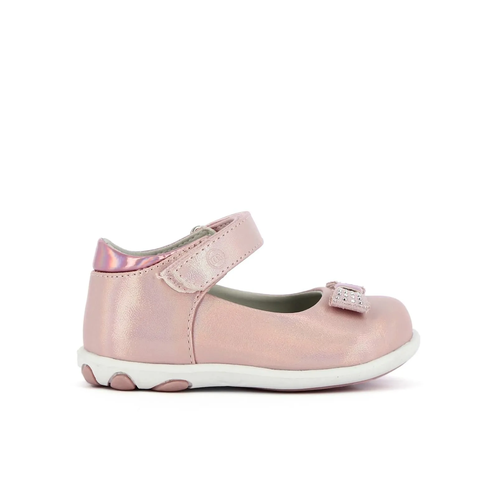 Ballerine rosa laminate modello mary jane con velcro e fiocco con strass da bimba