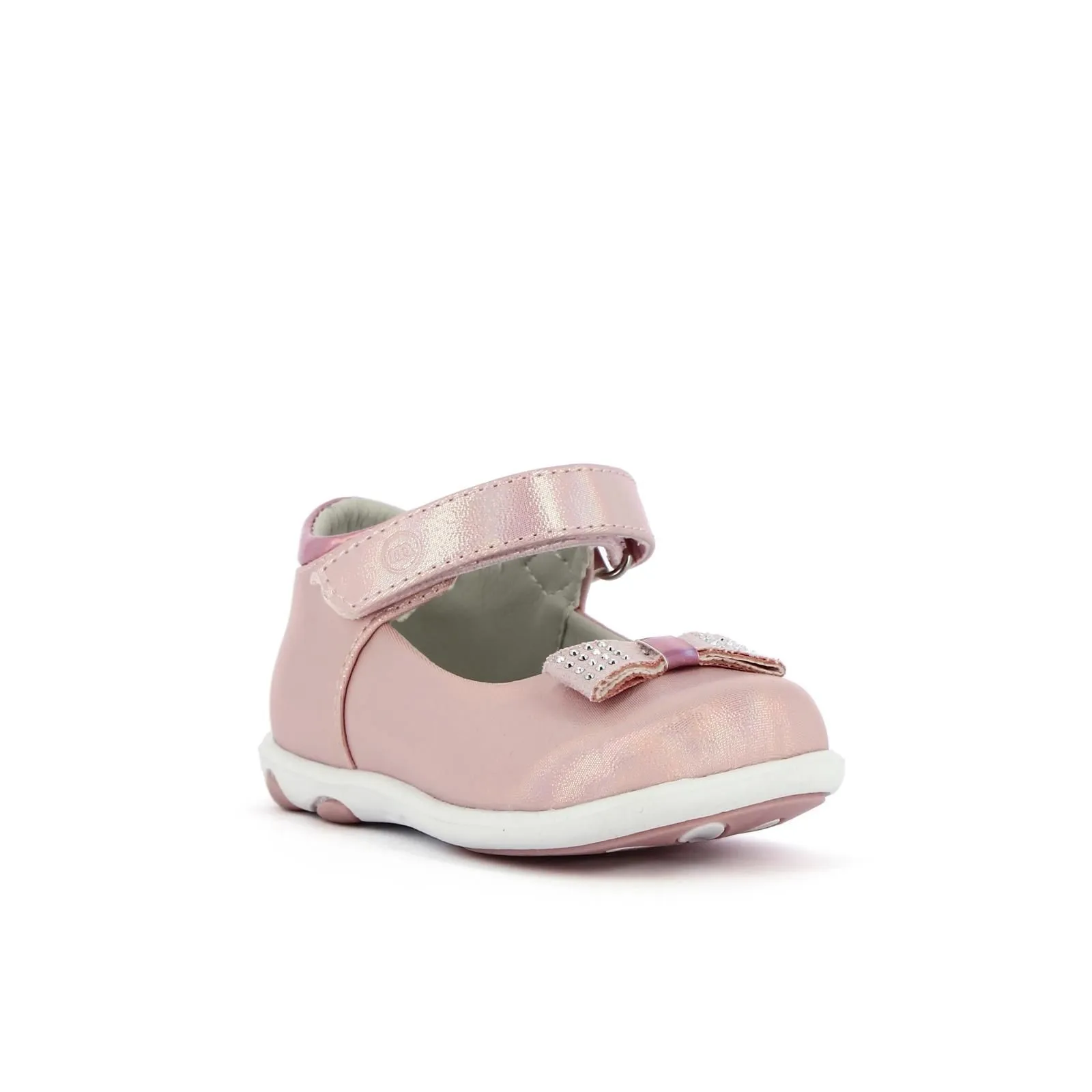 Ballerine rosa laminate modello mary jane con velcro e fiocco con strass da bimba