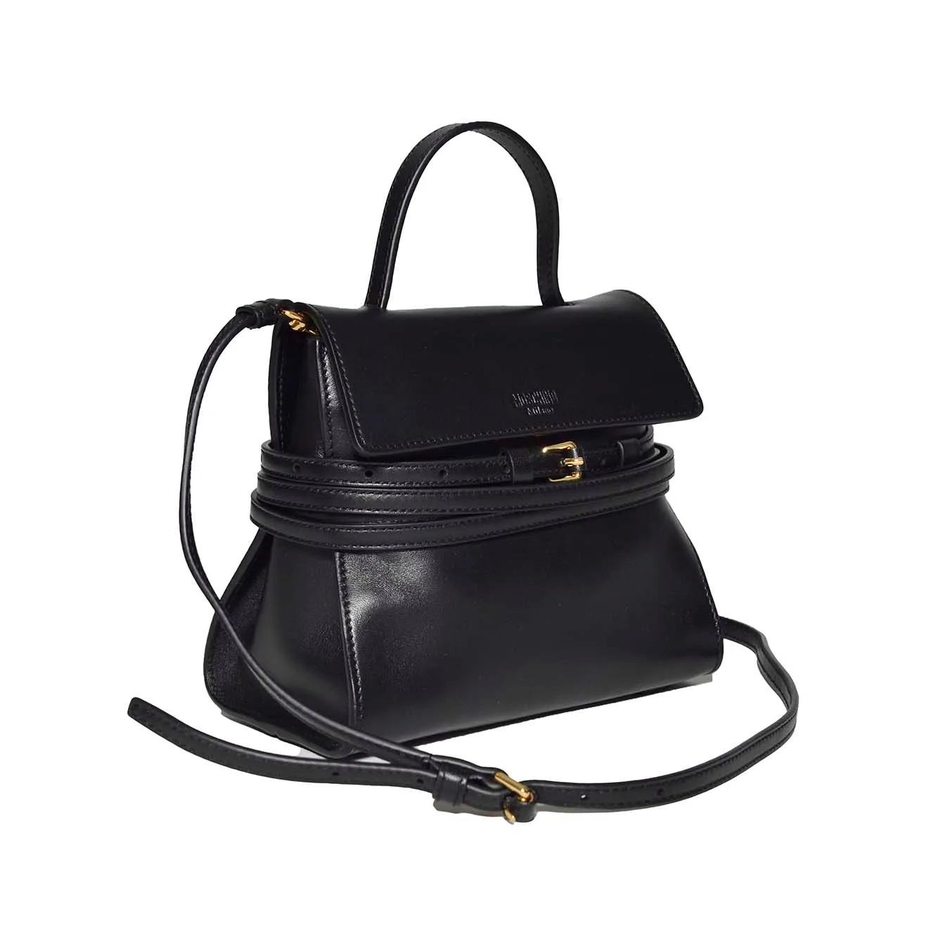 Borsa a mano Tie Me piccola in nappa nera Moschino