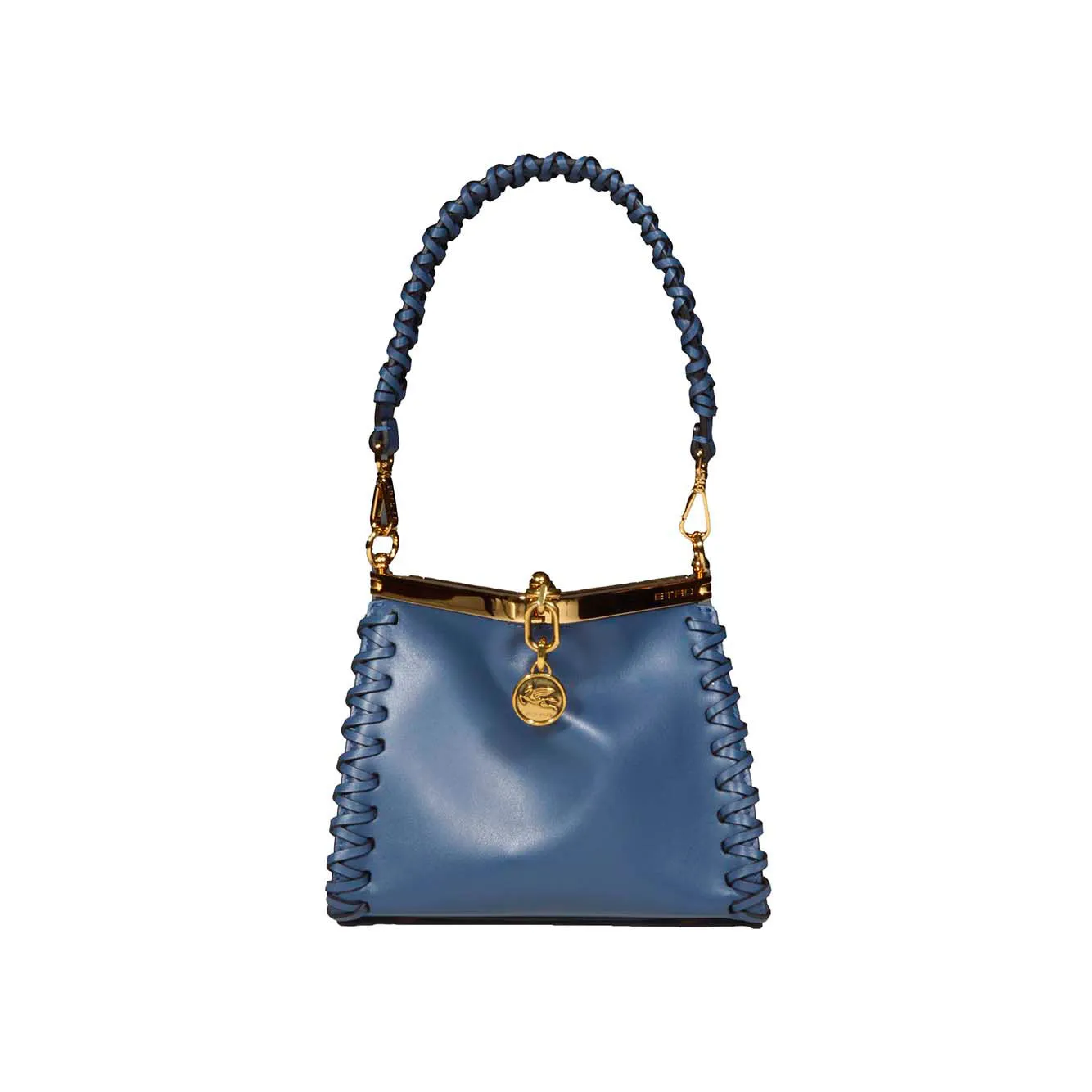 Borsa a mano Vela mini in pelle blu intrecciata Etro
