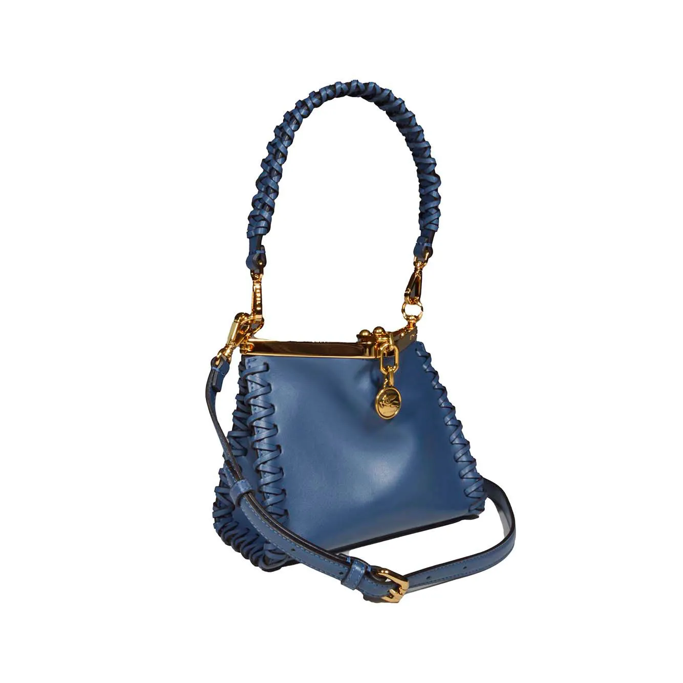 Borsa a mano Vela mini in pelle blu intrecciata Etro
