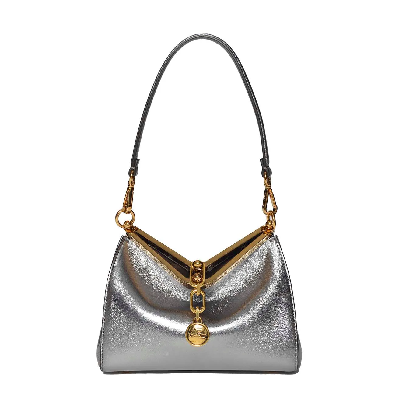 Borsa a mano Vela piccola in pelle laminata argento Etro
