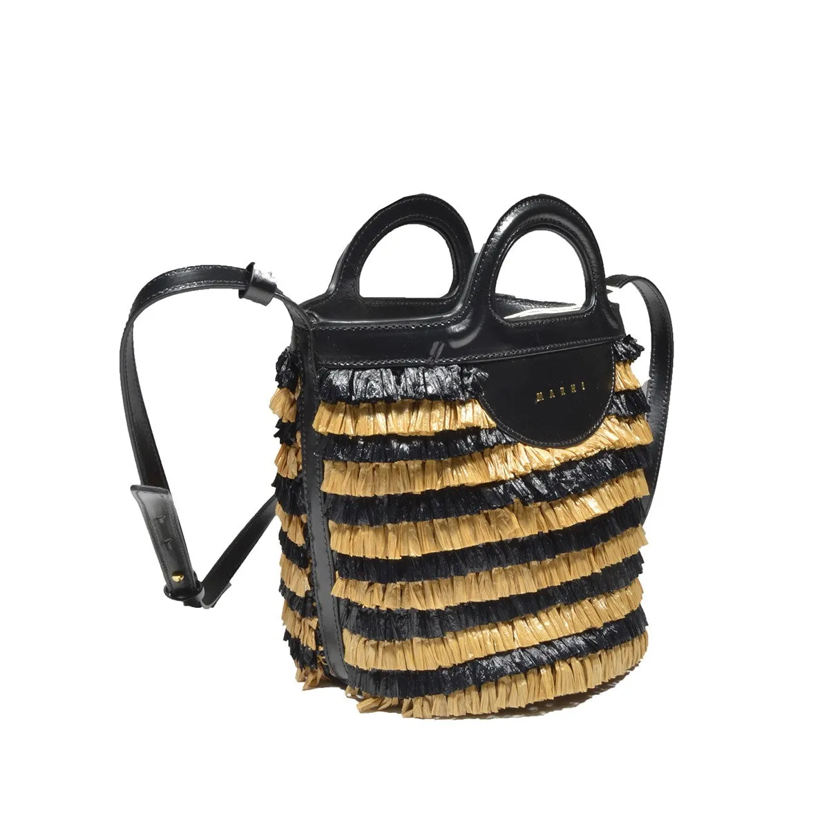 Borsa a secchiello a frange in rafia bicolore Marni