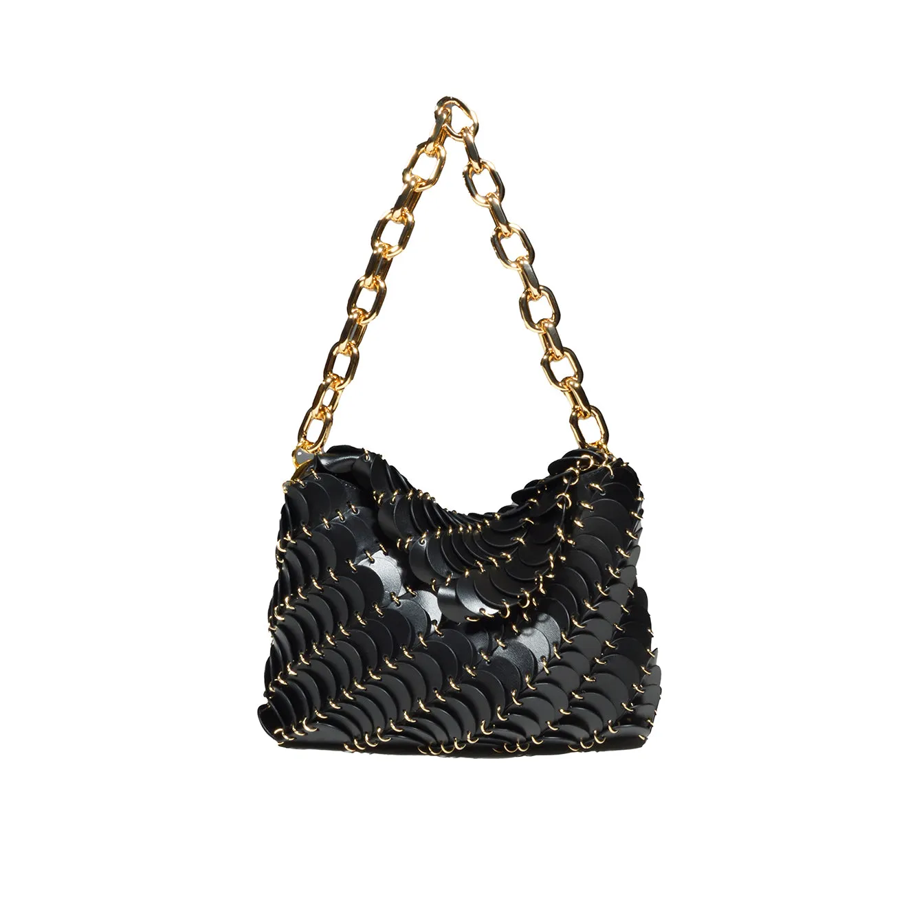 Borsa a spalla Paco Pocket in pelle nera con anelle Rabanne