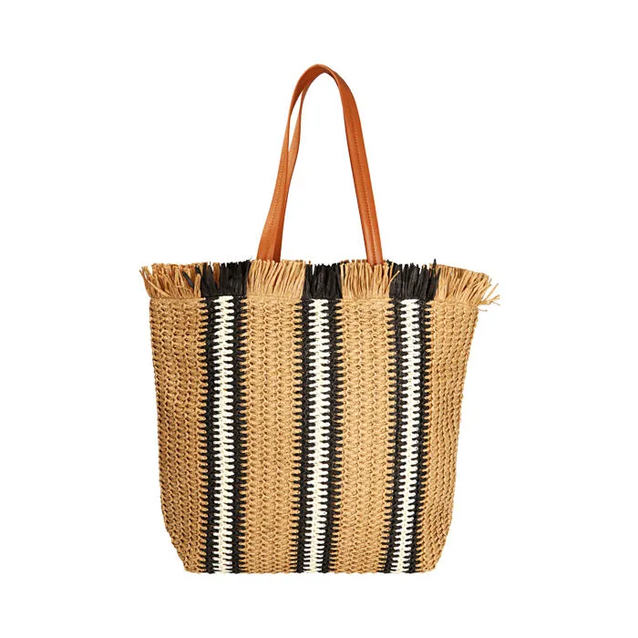 Borsa mare a mano nero/beige in paglia