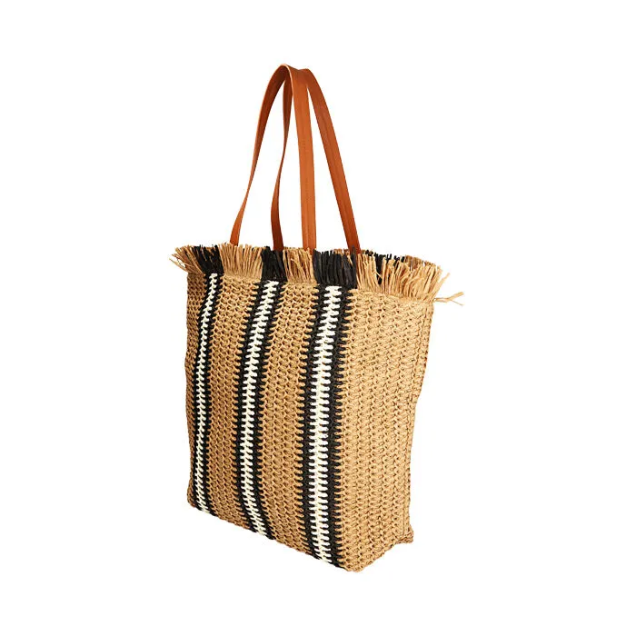 Borsa mare a mano nero/beige in paglia