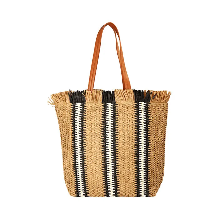 Borsa mare a mano nero/beige in paglia