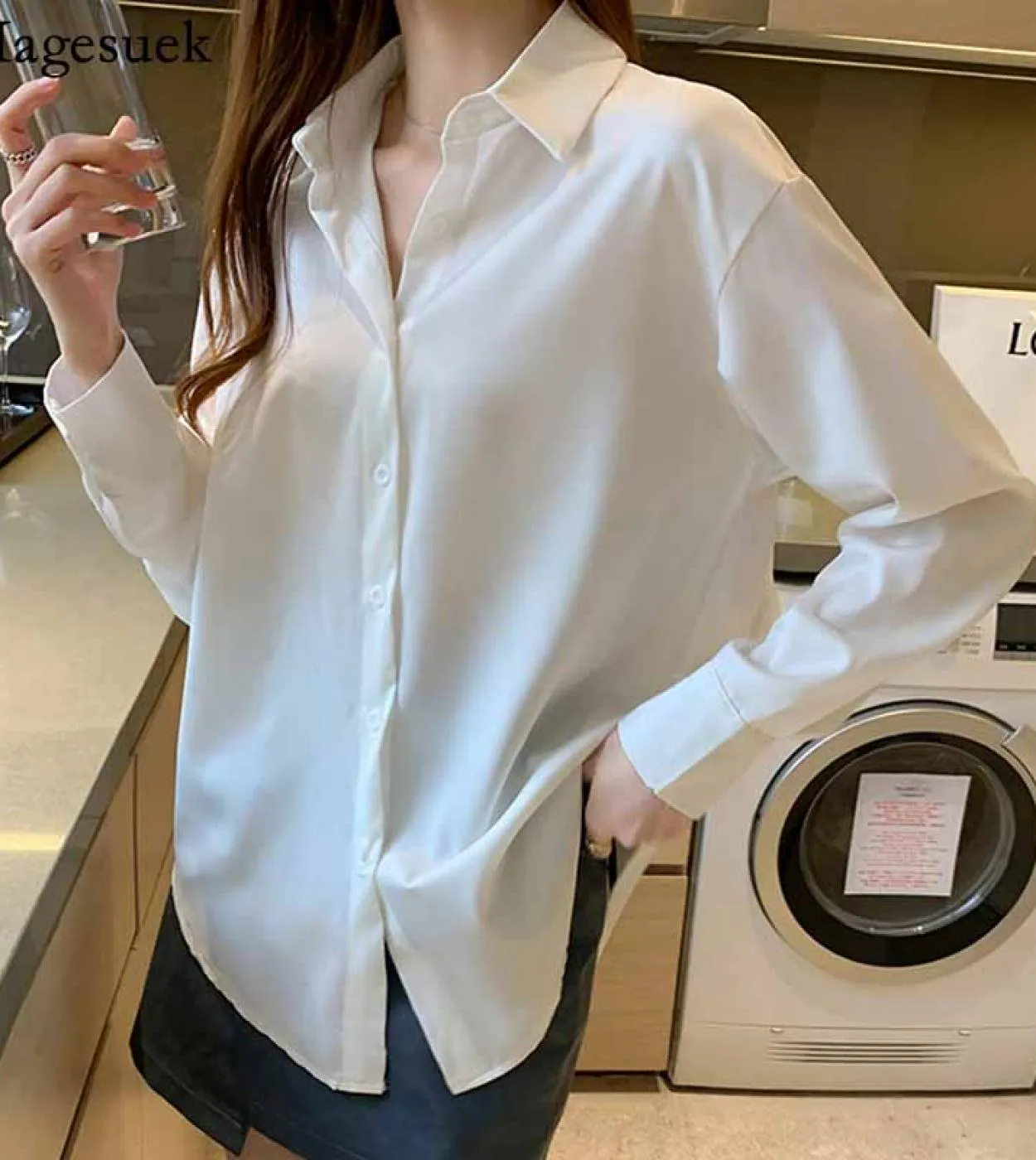 Camicetta da donna a maniche lunghe autunno casual Polo Camicie in chiffon Camicie da donna lunghe larghe Camicie con fondo tint