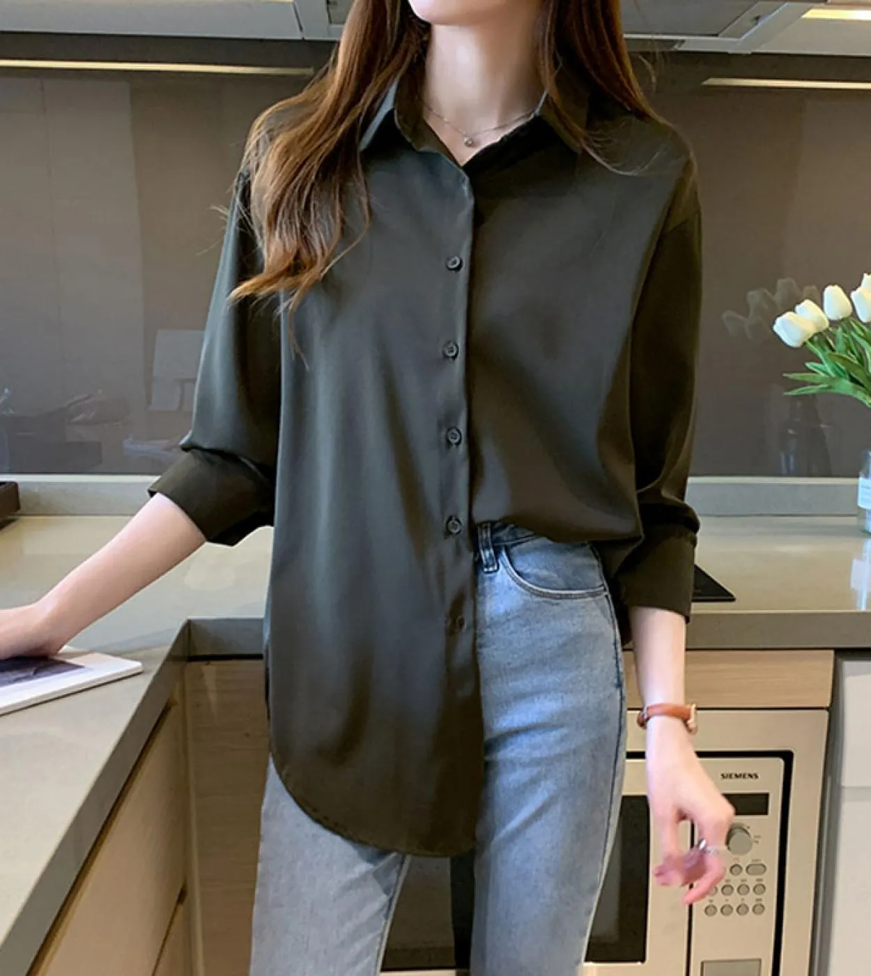 Camicetta da donna a maniche lunghe autunno casual Polo Camicie in chiffon Camicie da donna lunghe larghe Camicie con fondo tint