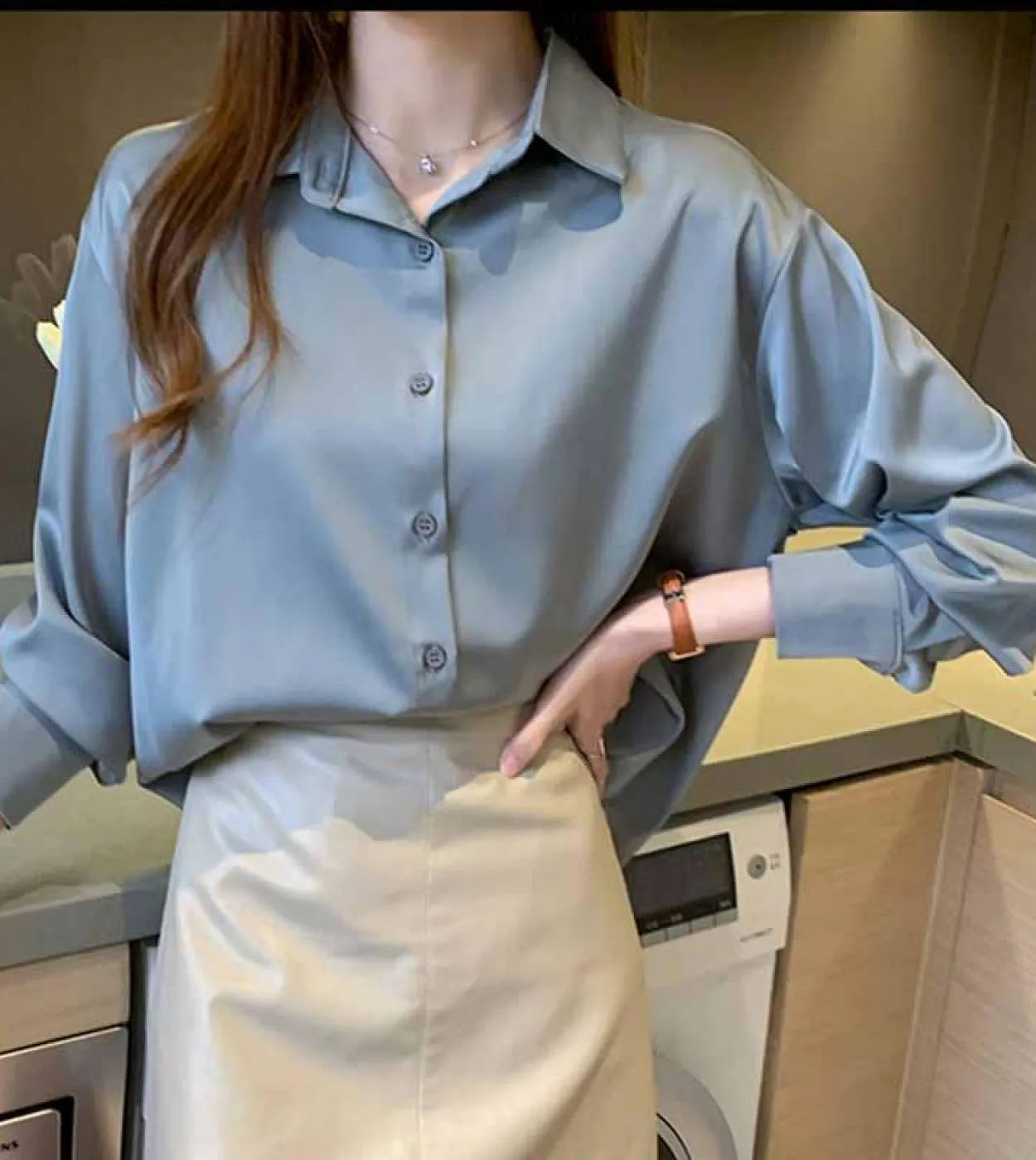 Camicetta da donna a maniche lunghe autunno casual Polo Camicie in chiffon Camicie da donna lunghe larghe Camicie con fondo tint