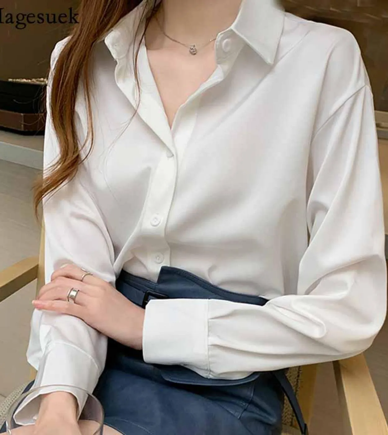 Camicetta da donna a maniche lunghe autunno casual Polo Camicie in chiffon Camicie da donna lunghe larghe Camicie con fondo tint