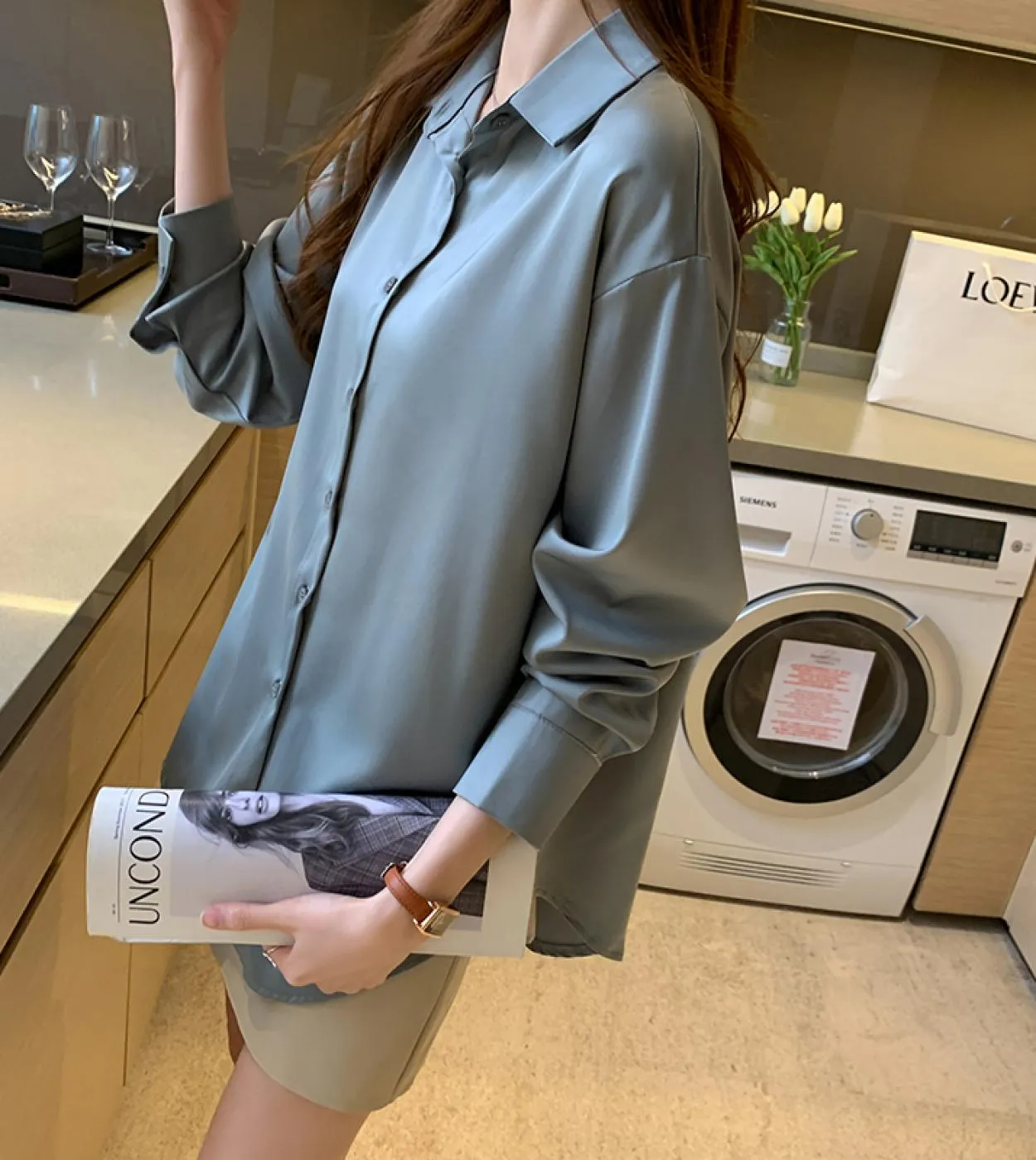 Camicetta da donna a maniche lunghe autunno casual Polo Camicie in chiffon Camicie da donna lunghe larghe Camicie con fondo tint