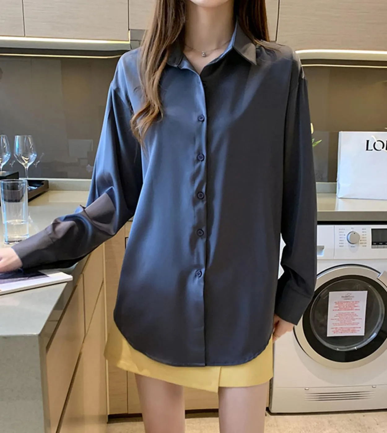 Camicetta da donna a maniche lunghe autunno casual Polo Camicie in chiffon Camicie da donna lunghe larghe Camicie con fondo tint