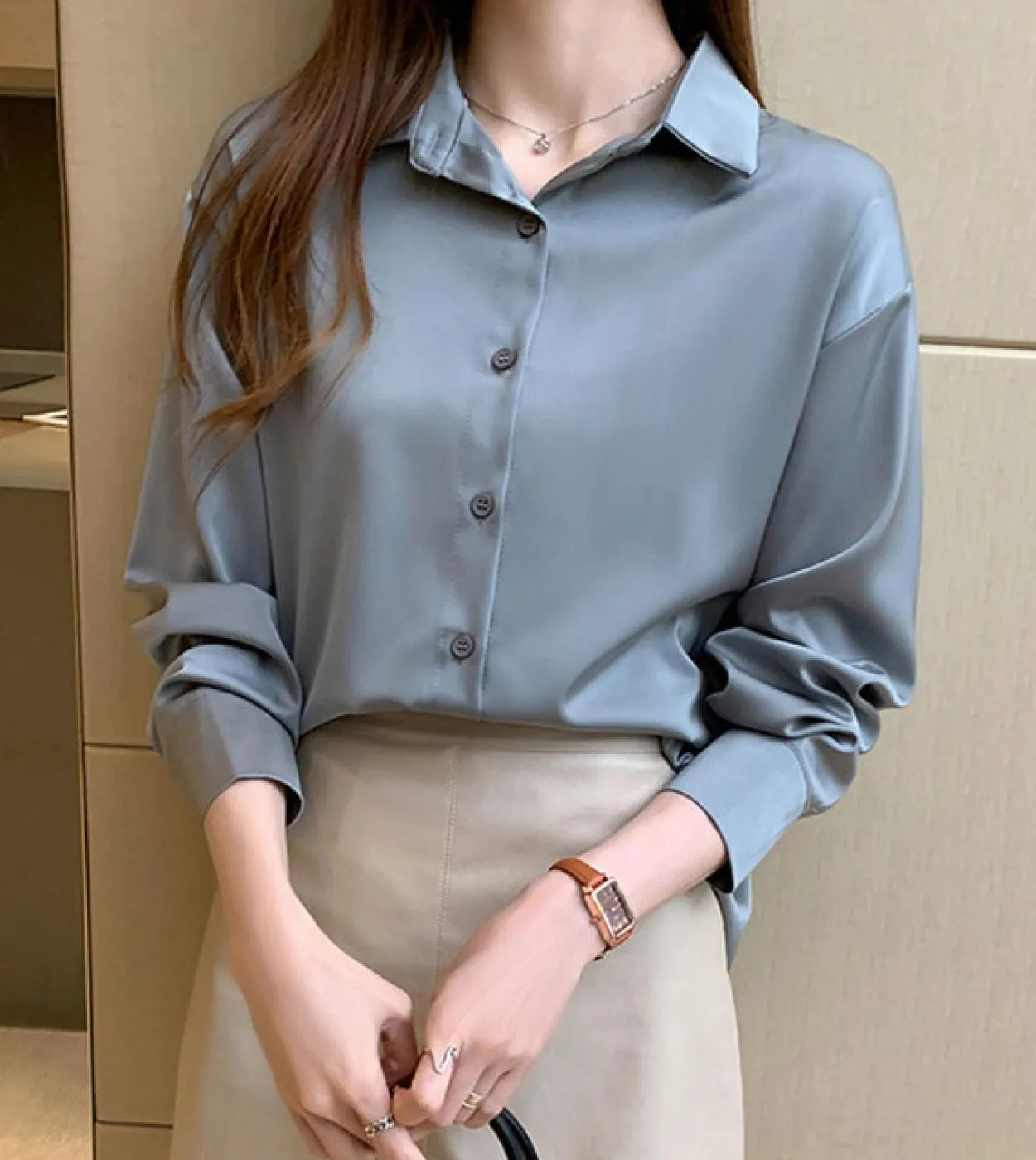 Camicetta da donna a maniche lunghe autunno casual Polo Camicie in chiffon Camicie da donna lunghe larghe Camicie con fondo tint