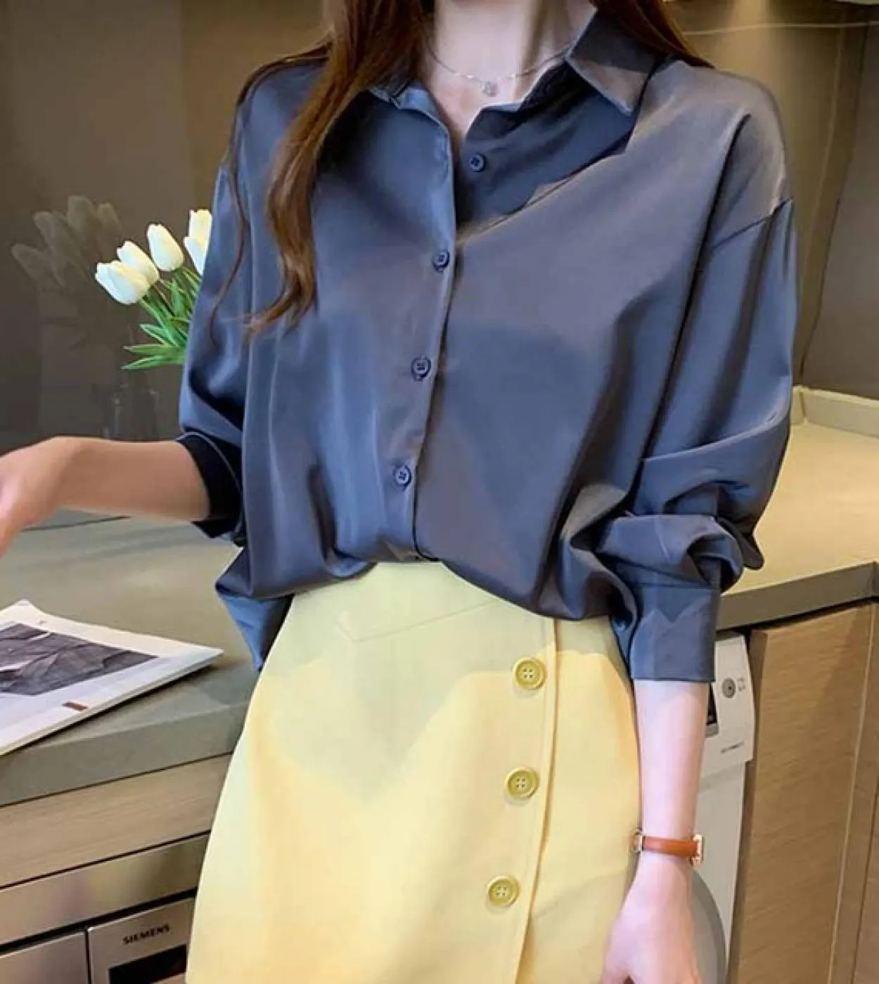 Camicetta da donna a maniche lunghe autunno casual Polo Camicie in chiffon Camicie da donna lunghe larghe Camicie con fondo tint
