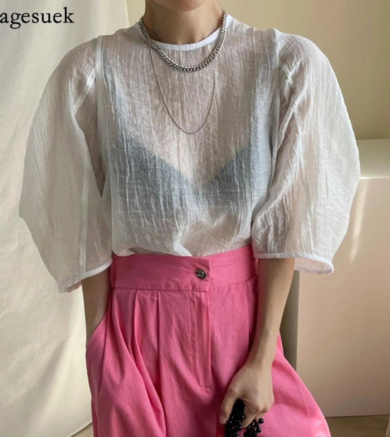 Camicetta da donna casual con base leggermente trasparente Camicie in chiffon con maniche a lanterna larghe Camicie pieghettate