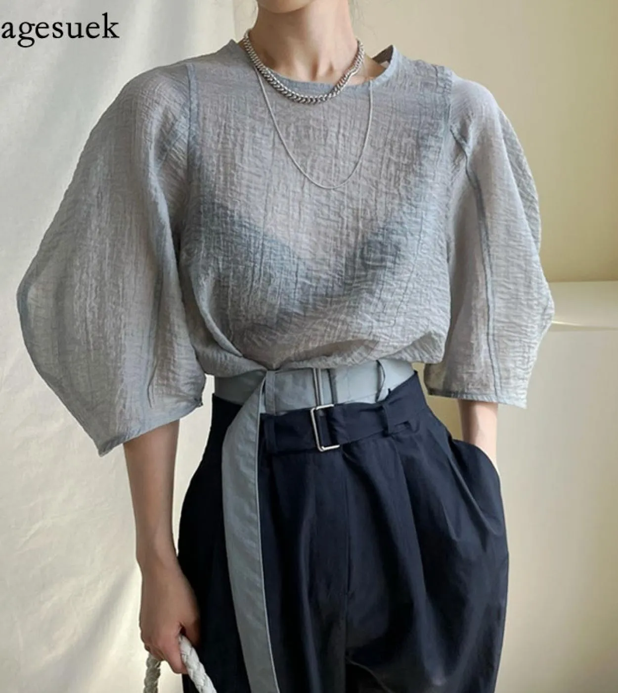 Camicetta da donna casual con base leggermente trasparente Camicie in chiffon con maniche a lanterna larghe Camicie pieghettate