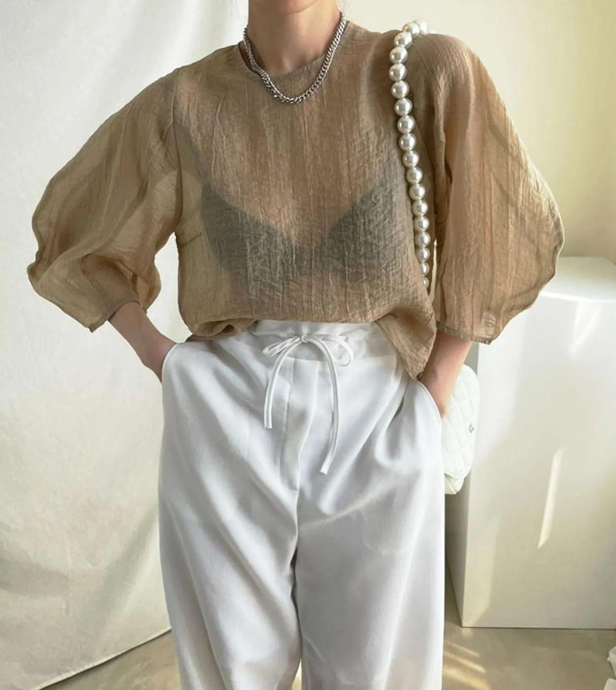 Camicetta da donna casual con base leggermente trasparente Camicie in chiffon con maniche a lanterna larghe Camicie pieghettate