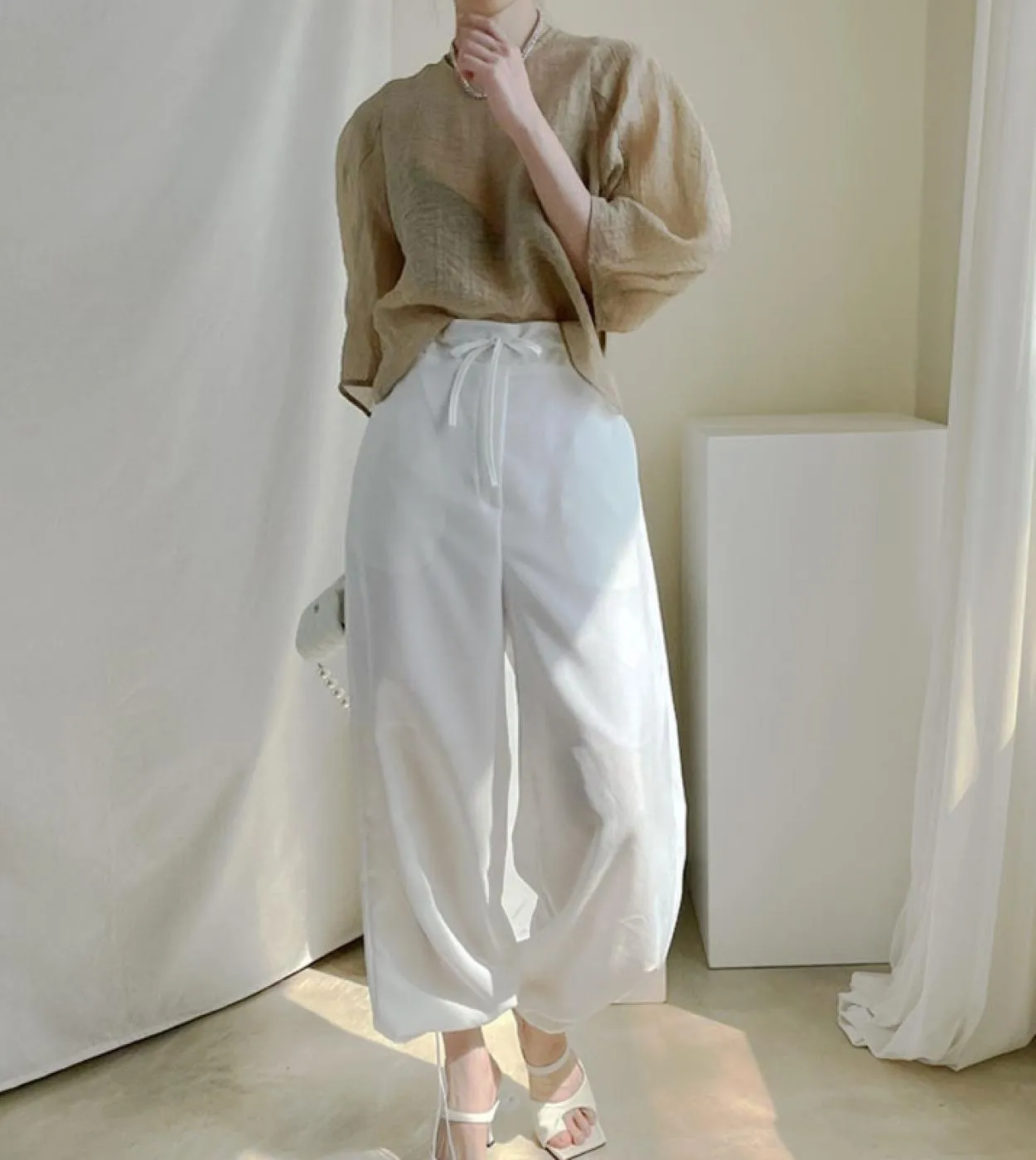 Camicetta da donna casual con base leggermente trasparente Camicie in chiffon con maniche a lanterna larghe Camicie pieghettate