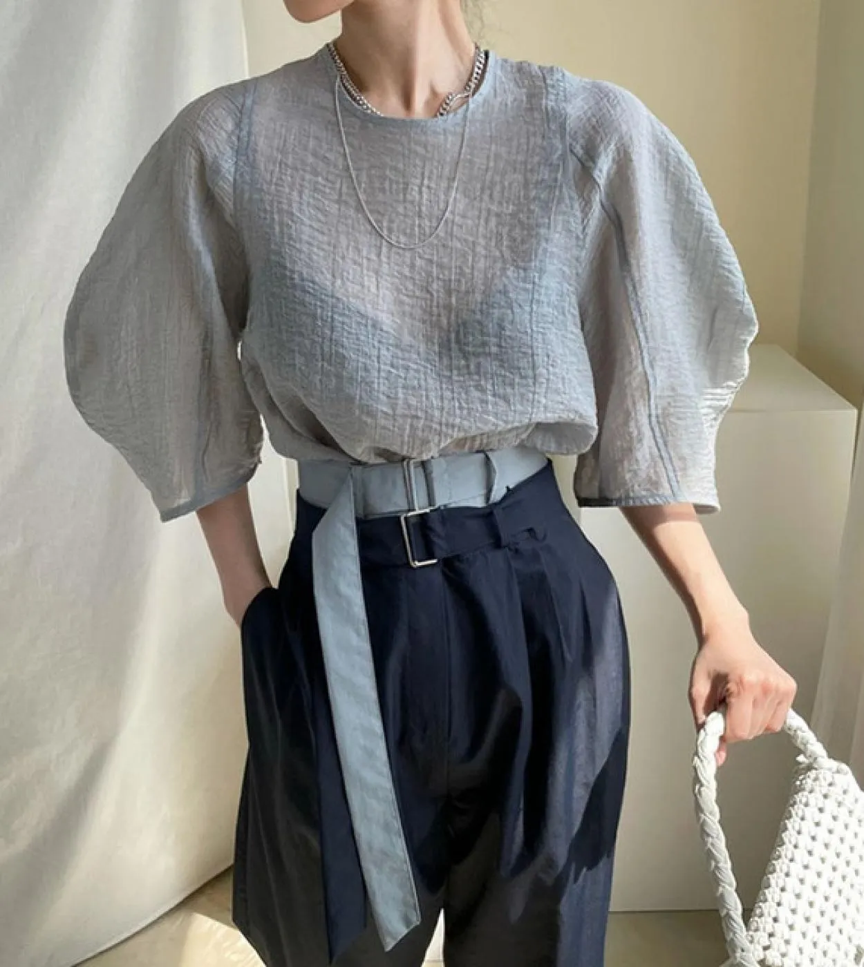 Camicetta da donna casual con base leggermente trasparente Camicie in chiffon con maniche a lanterna larghe Camicie pieghettate