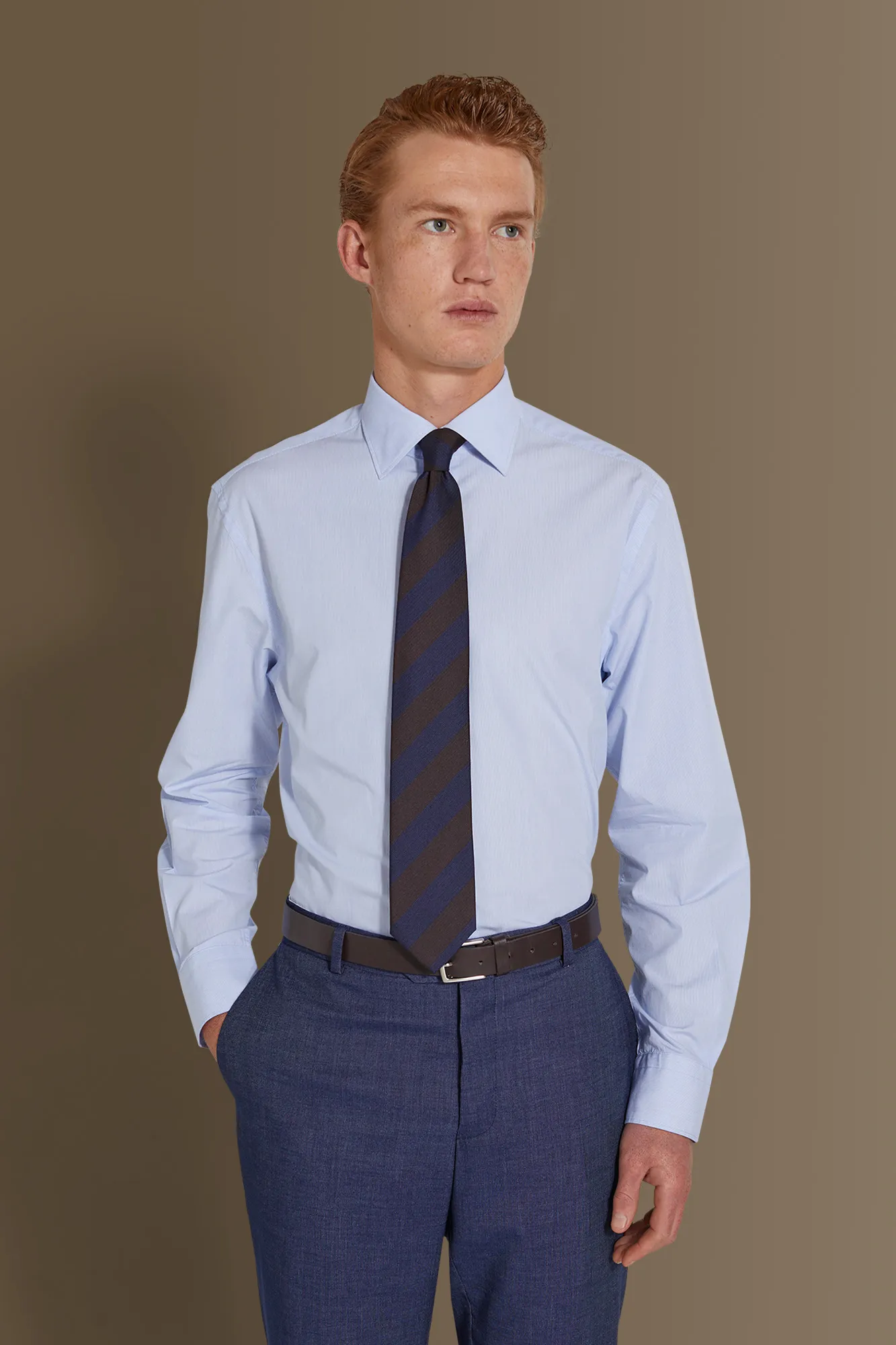 Camicia classica lavata uomo collo francese tinto filo popeline riga sottile
