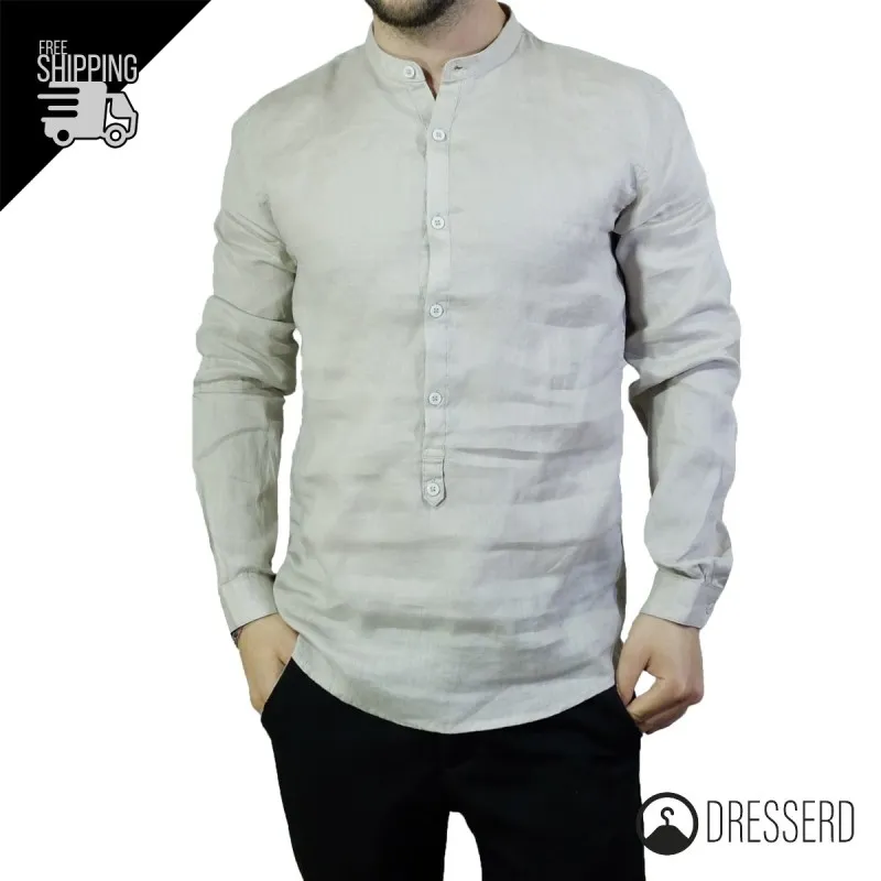 Camicia Uomo 100% Lino Collo coreano Camicie manica lunga Dresserd