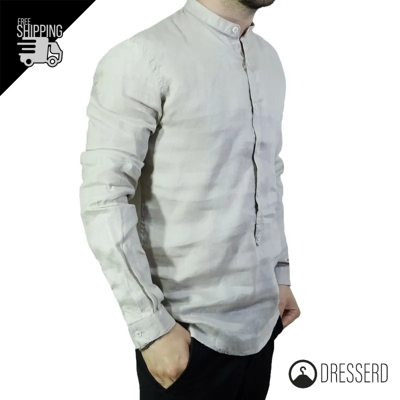 Camicia Uomo 100% Lino Collo coreano Camicie manica lunga Dresserd