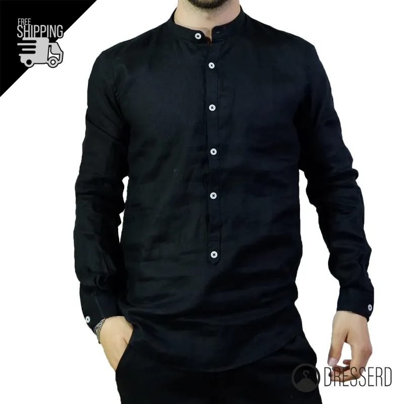 Camicia Uomo 100% Lino Collo coreano Camicie manica lunga Dresserd