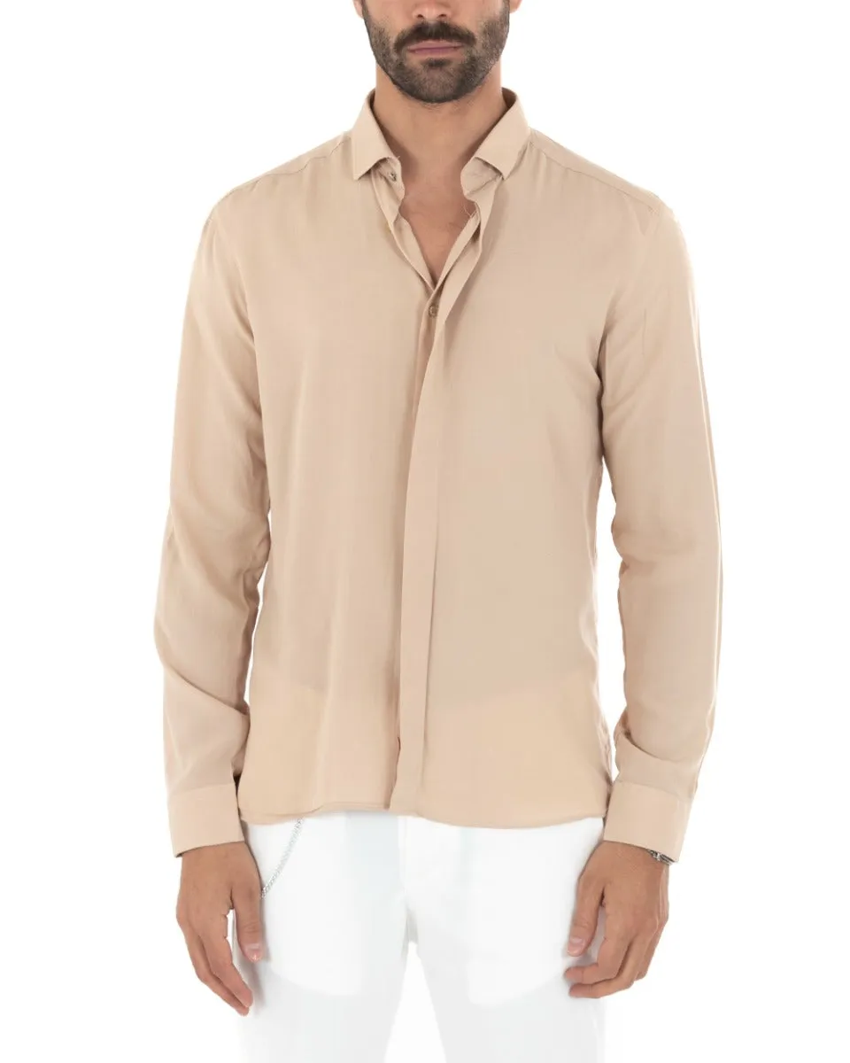 Camicia Uomo Con Colletto Manica Lunga Viscosa Morbida Comoda Beige GIOSAL-C2326A