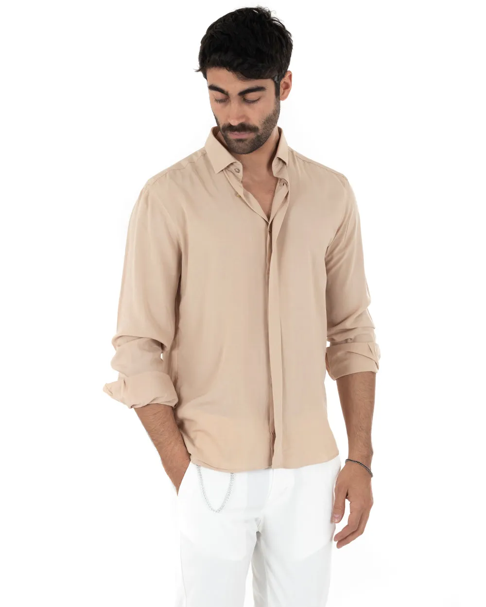 Camicia Uomo Con Colletto Manica Lunga Viscosa Morbida Comoda Beige GIOSAL-C2326A
