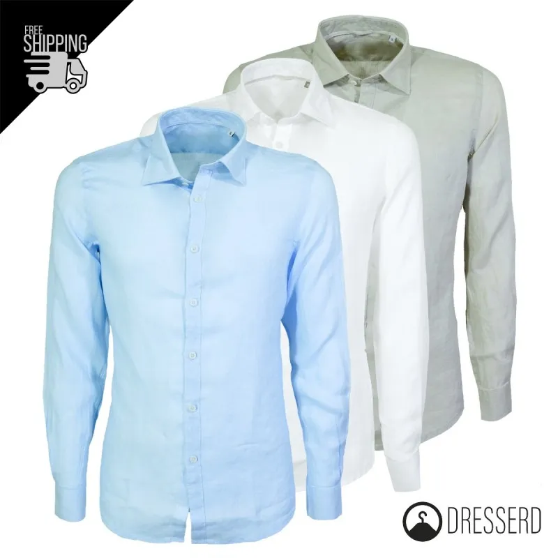 Camicia Uomo Manica Lunga 100% Lino Semi Slim Fit Camicie Dresserd