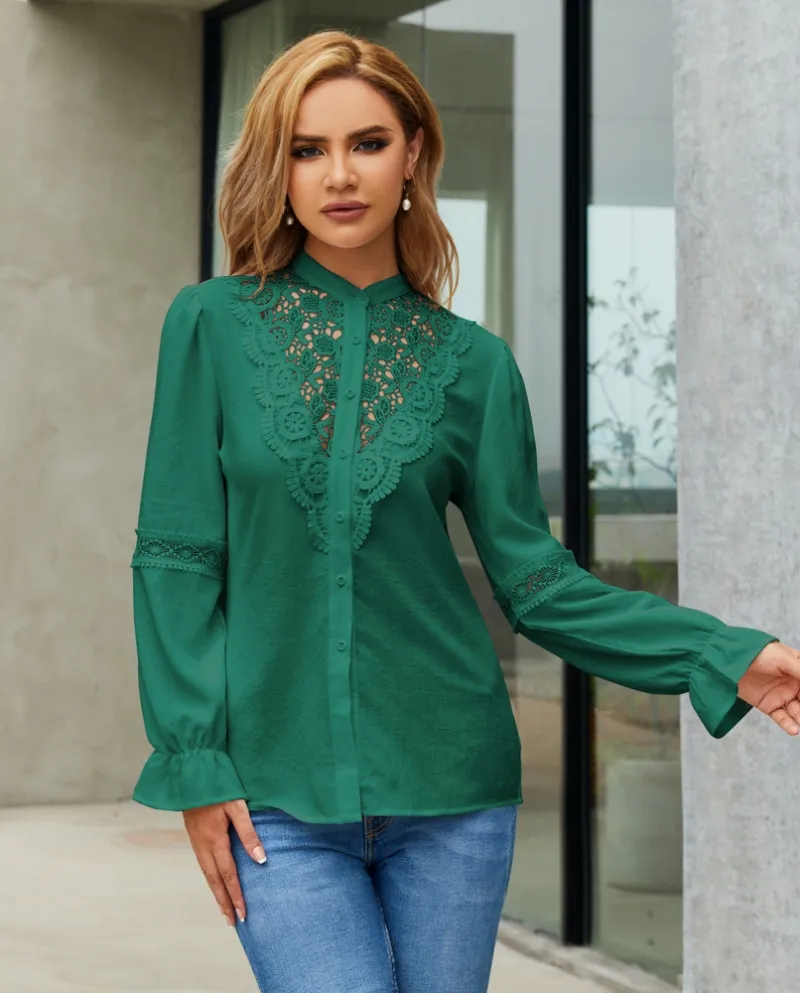 Camicie a maniche lunghe sottili scavate in pizzo da donna