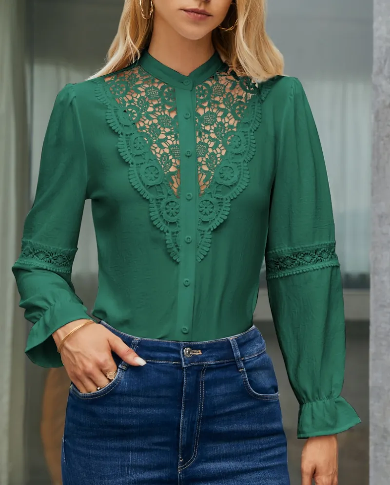 Camicie a maniche lunghe sottili scavate in pizzo da donna