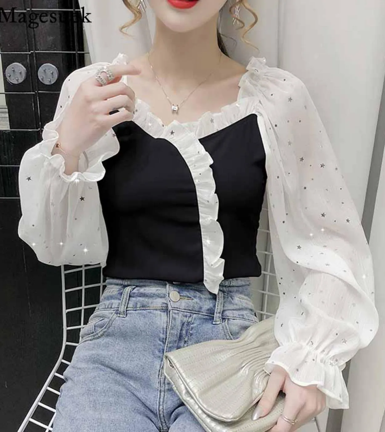 Camicie con maniche a lanterna slim fit plissettate da donna Camicie a maniche lunghe a lanterna con giunture Camicetta con coll