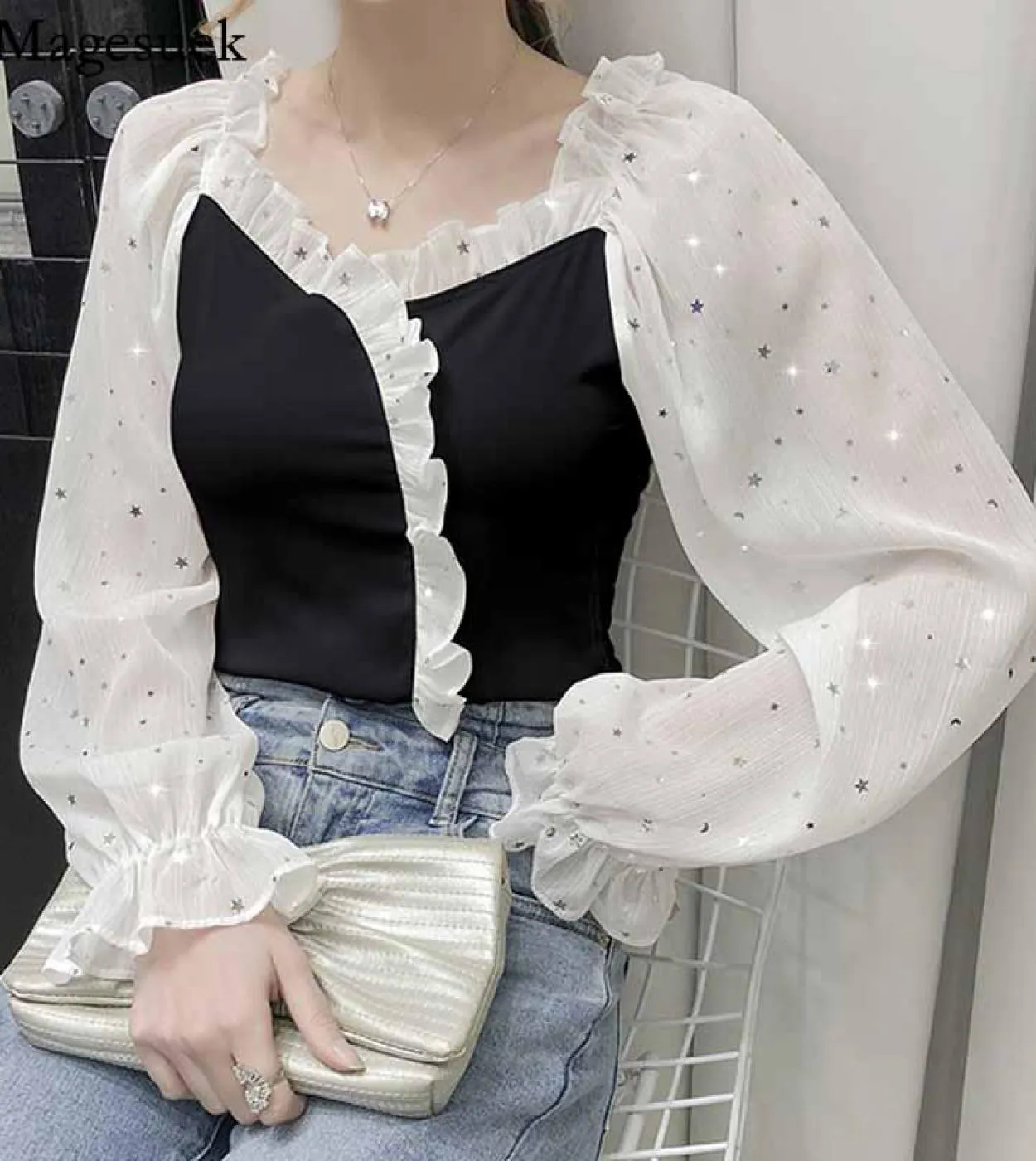 Camicie con maniche a lanterna slim fit plissettate da donna Camicie a maniche lunghe a lanterna con giunture Camicetta con coll