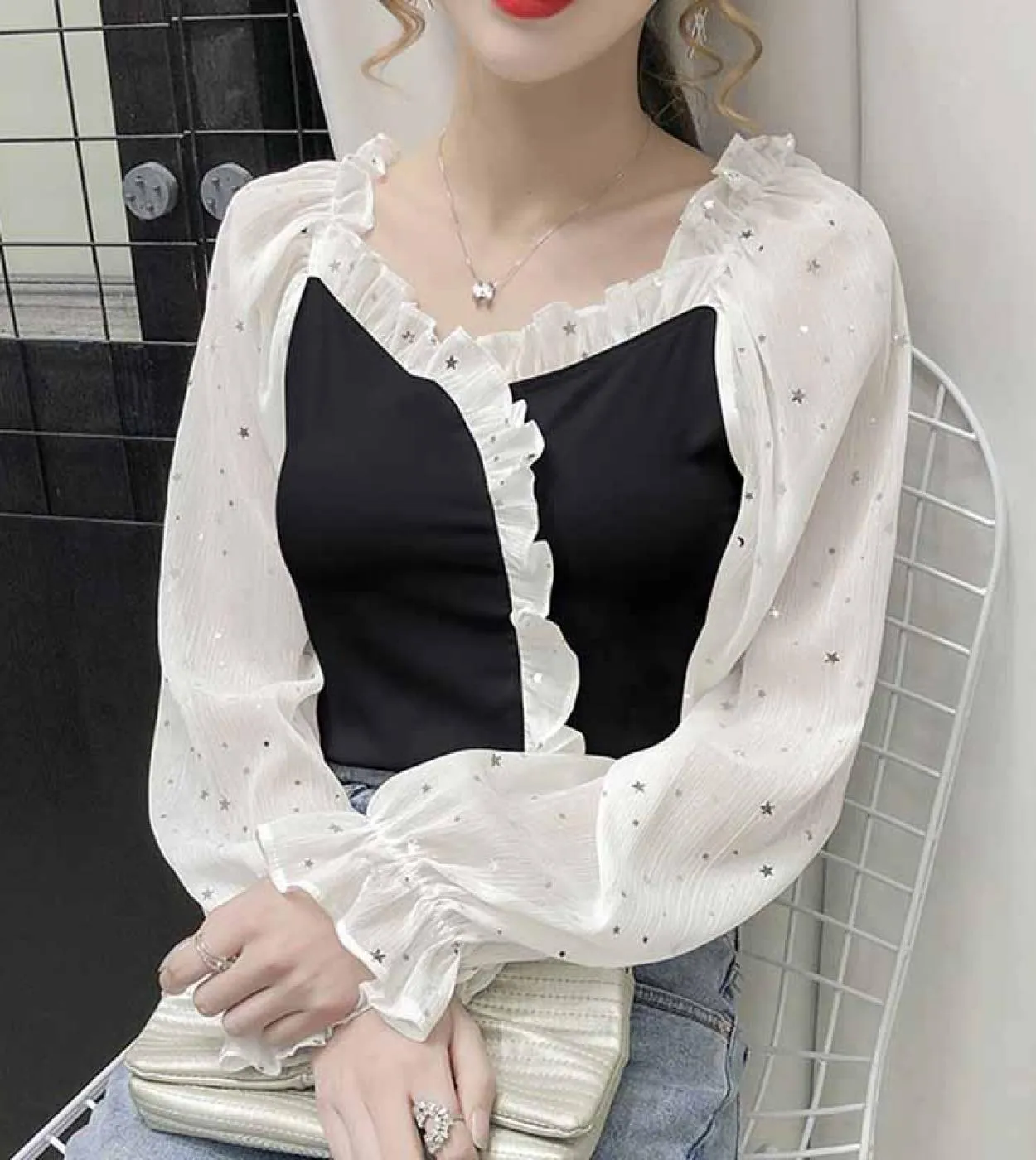 Camicie con maniche a lanterna slim fit plissettate da donna Camicie a maniche lunghe a lanterna con giunture Camicetta con coll