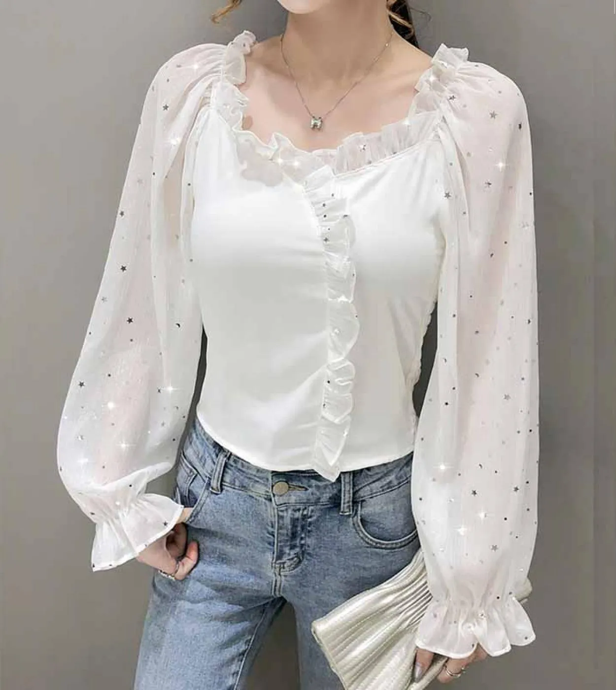 Camicie con maniche a lanterna slim fit plissettate da donna Camicie a maniche lunghe a lanterna con giunture Camicetta con coll