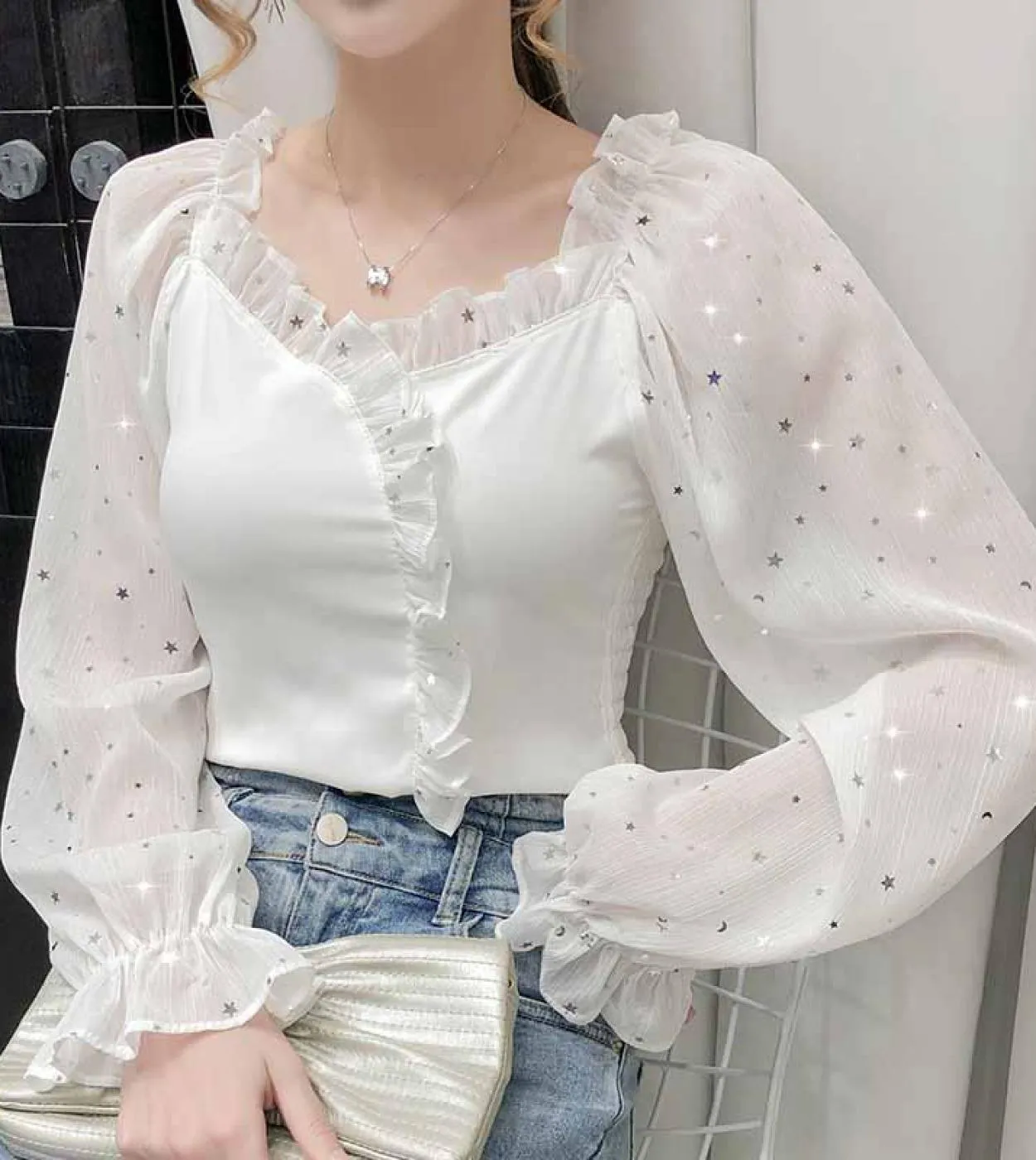 Camicie con maniche a lanterna slim fit plissettate da donna Camicie a maniche lunghe a lanterna con giunture Camicetta con coll