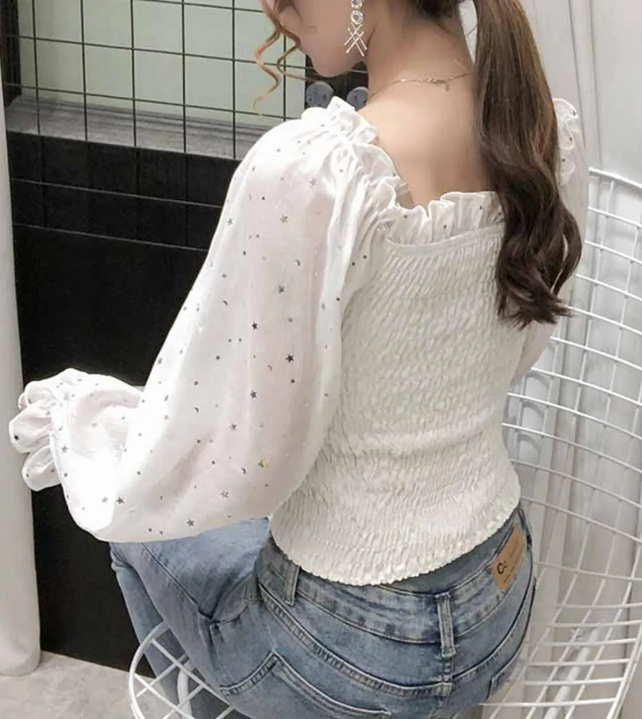 Camicie con maniche a lanterna slim fit plissettate da donna Camicie a maniche lunghe a lanterna con giunture Camicetta con coll