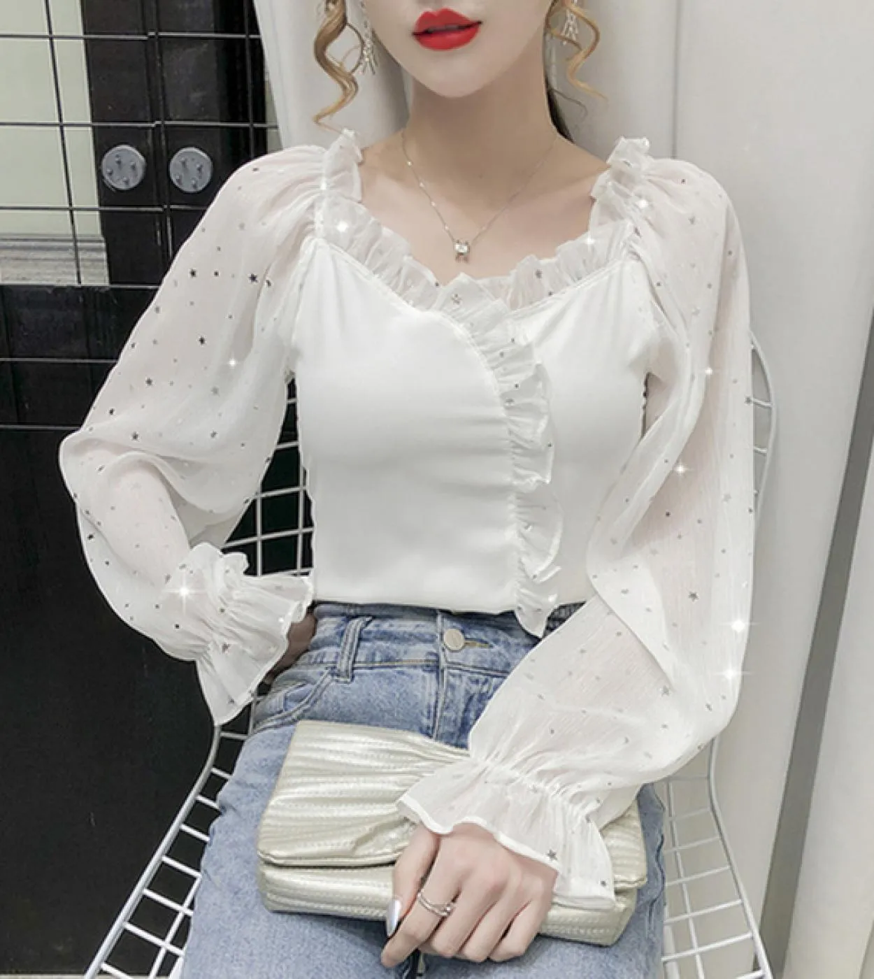 Camicie con maniche a lanterna slim fit plissettate da donna Camicie a maniche lunghe a lanterna con giunture Camicetta con coll