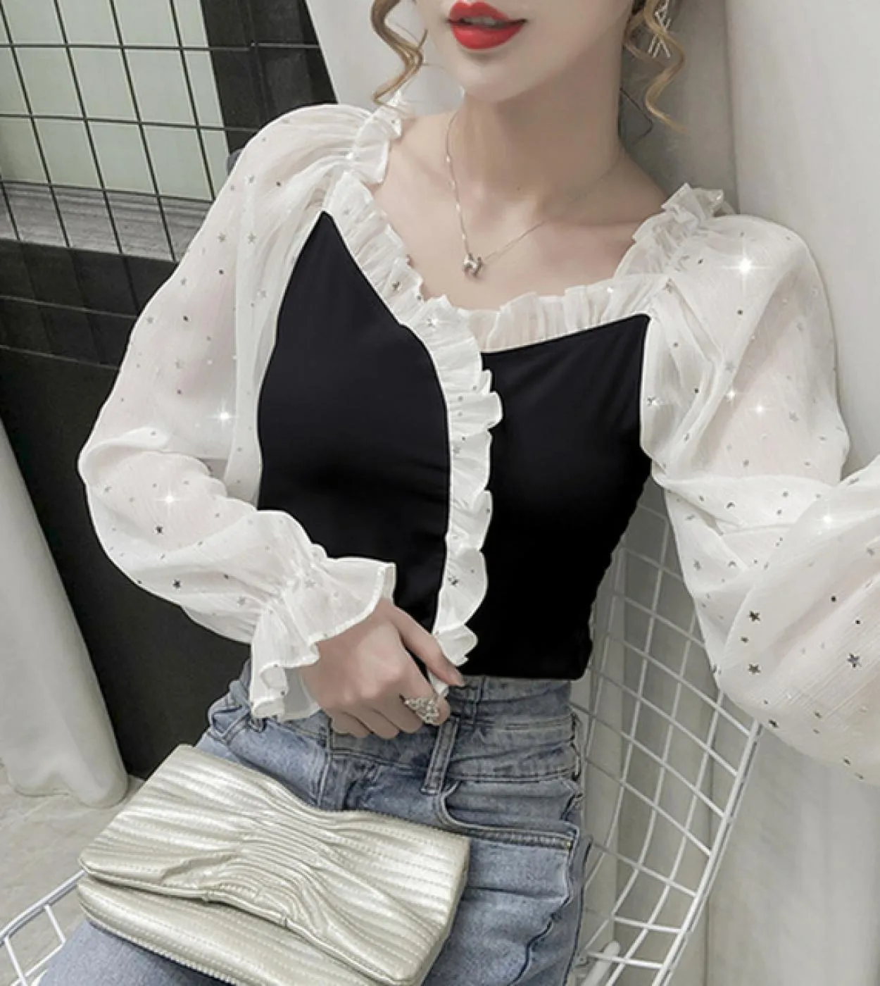 Camicie con maniche a lanterna slim fit plissettate da donna Camicie a maniche lunghe a lanterna con giunture Camicetta con coll
