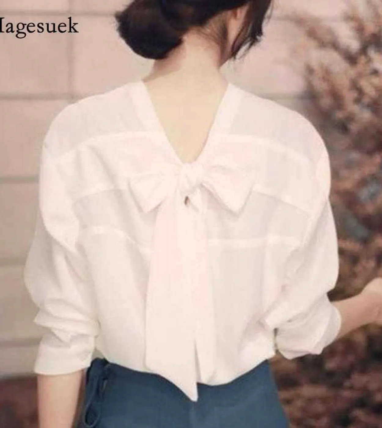 Camicie da donna a maniche lunghe con fiocco sul retro con scollo a V Chic Camicie stile inizio autunno Camicetta in chiffon bia