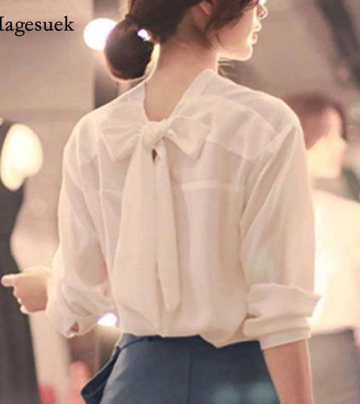 Camicie da donna a maniche lunghe con fiocco sul retro con scollo a V Chic Camicie stile inizio autunno Camicetta in chiffon bia